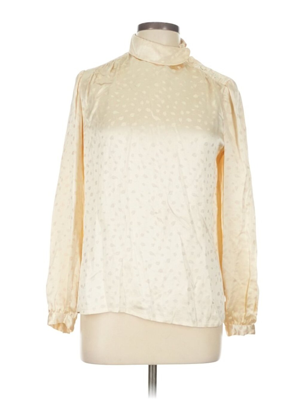 100% Silk Vintage Felix Kan Jacquard Blouse - Ivory - Mock Turtleneck - Med/12